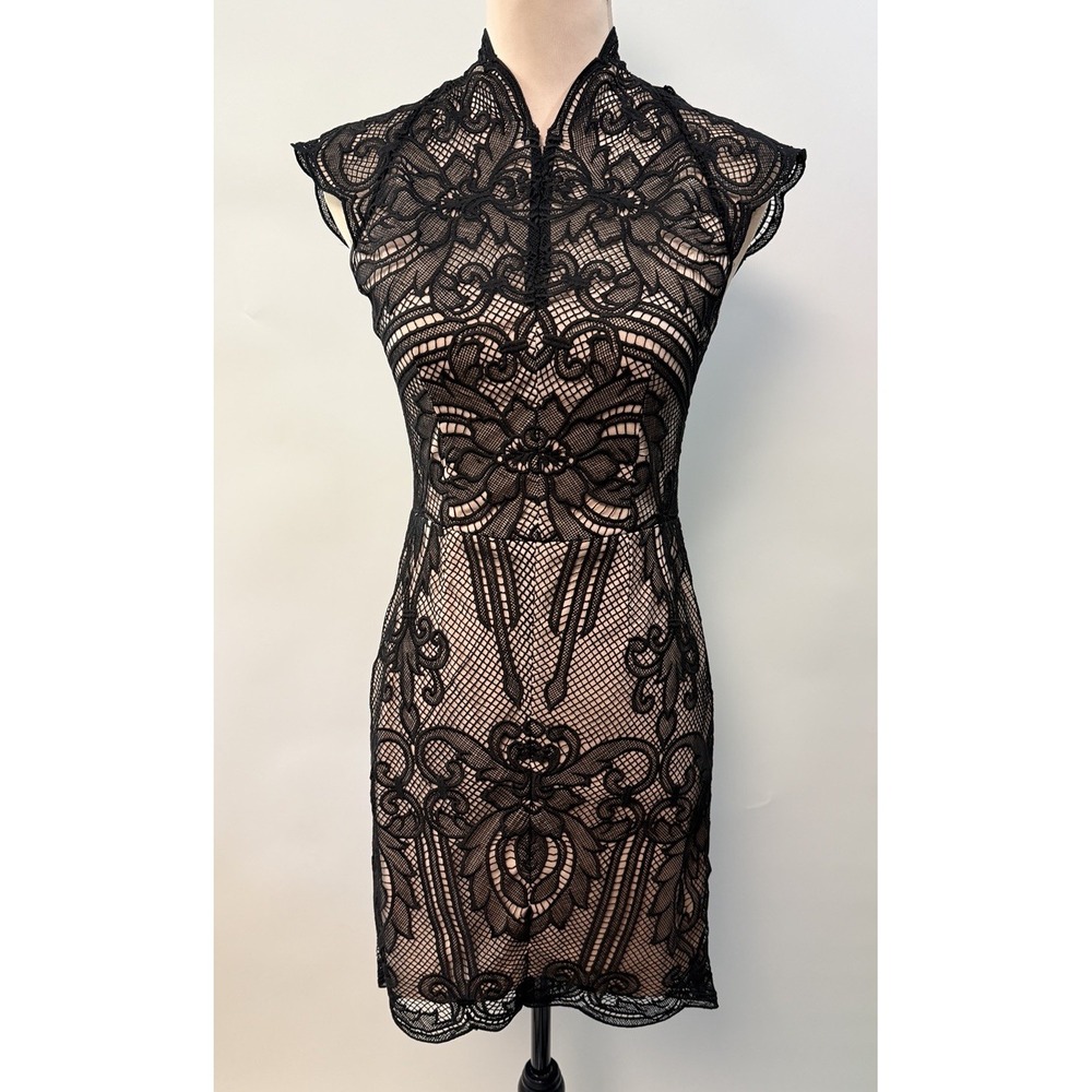 High Mock Neck Black Lace Nude Overlay Dress XS Bodycon Cocktail Edgy Going Out
